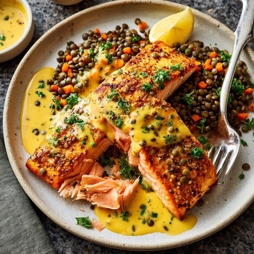Baked Salmon Lentils Lemon Sauce
