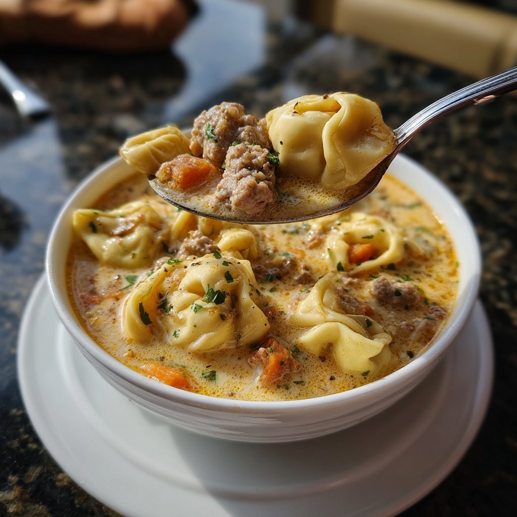 Romige tortellini soep met Italiaanse worst