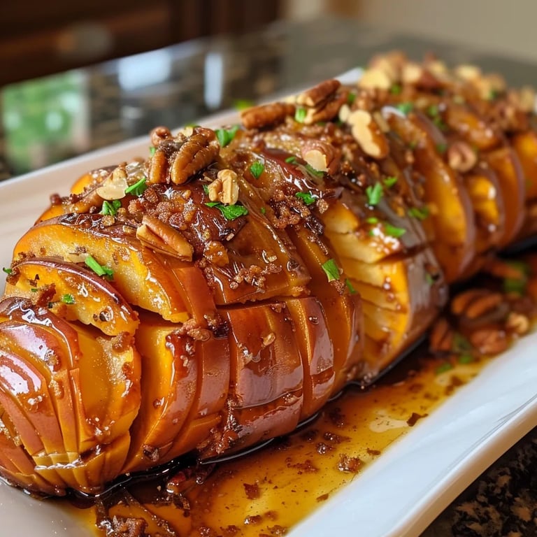 Hasselback Maple Pecan Sweet Potatoes